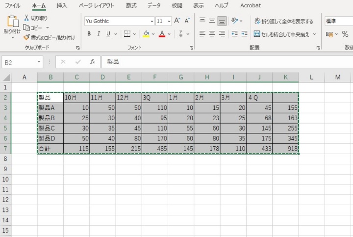 コピーした表の選択範囲
