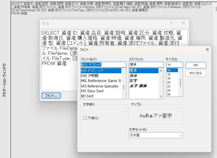 Accessのズーム機能でフォントサイズを変更する画面