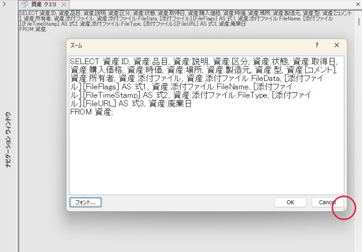 Accessのズームボックスの表示領域を広げる画面
