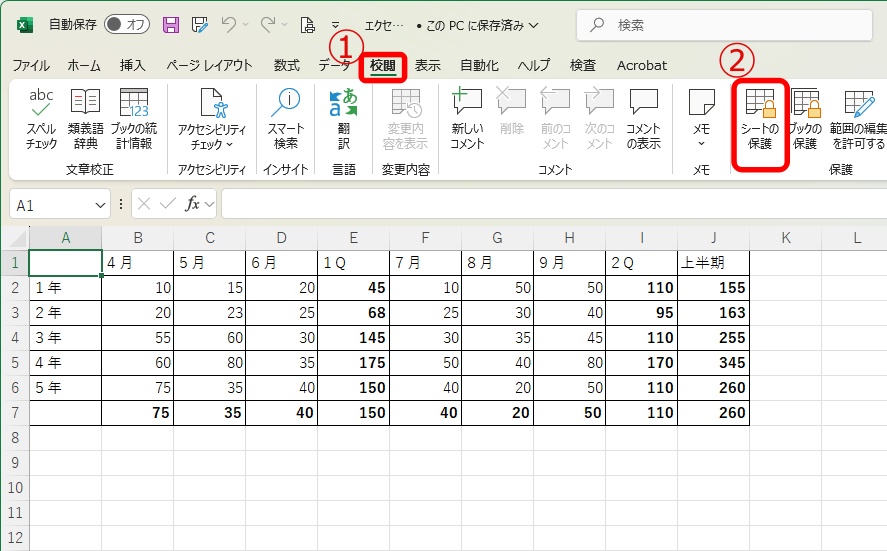 校閲タブからシートの保護を選ぶ画面