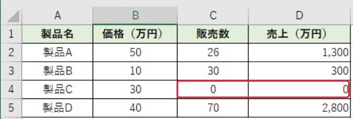 計算結果が0のセルが含まれているケース