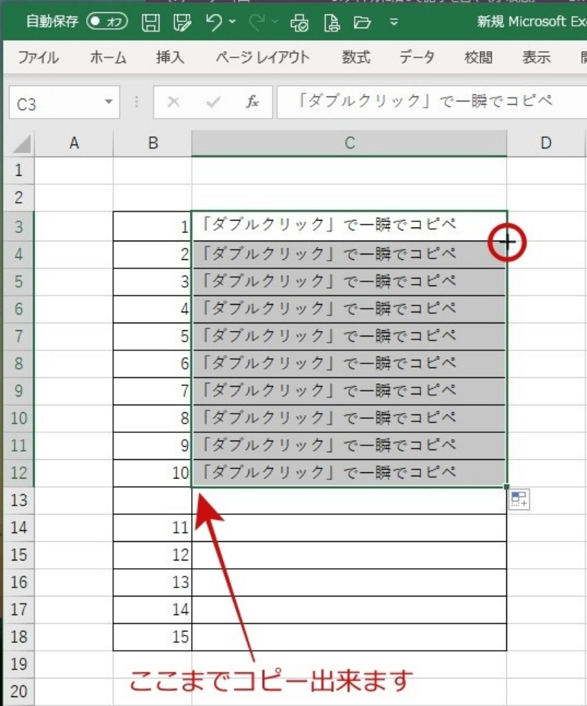 フィルハンドルにカーソルを合わせた画面