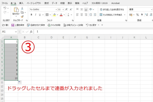 オートフィルにより連番が入力された画面