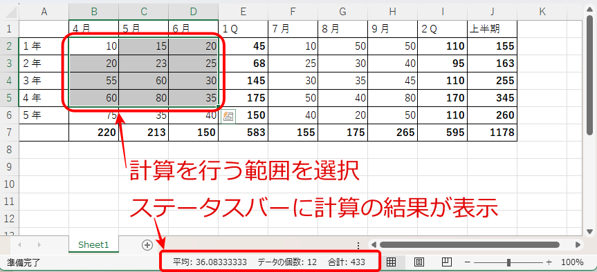 オートカルクで合計や平均を確認する画面