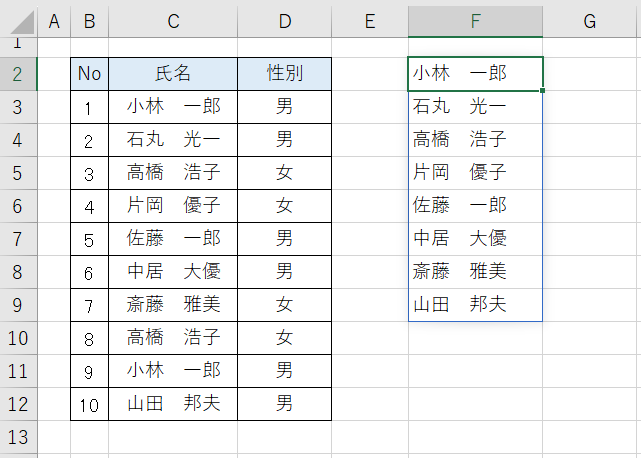 UNIQUE関数で重複を除いた一覧を作成した画面